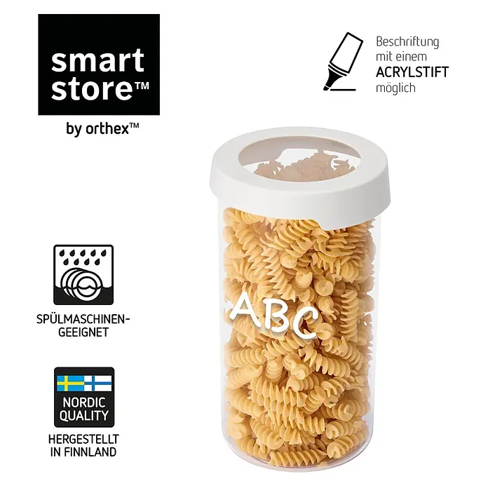 SmartStore Vorratsdose Vision - Ø x H: 11,5 x 20 cm, Kunststoff, Weiß - Transparenter Lebensmittelbehälter mit weißem Deckel, gefüllt mit Pasta. Beschreibbare Oberfläche, spülmaschinenfest, Nordische Qualität.