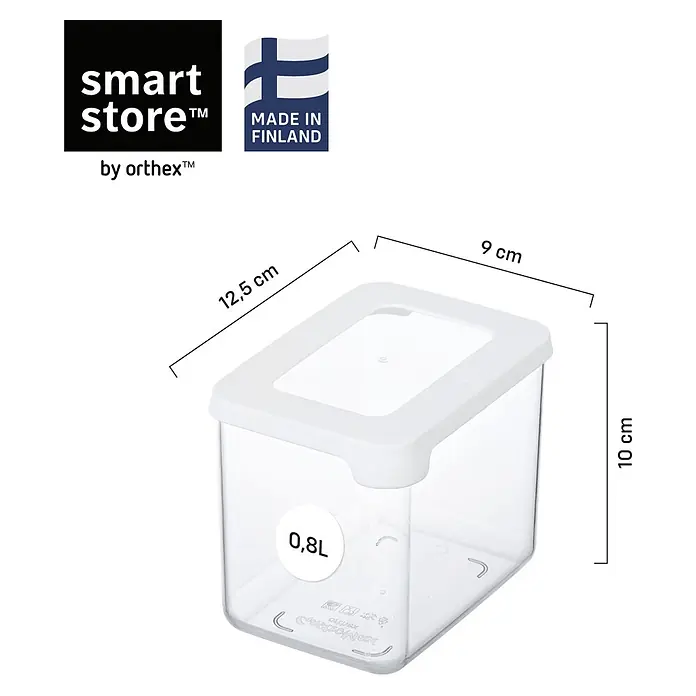 SmartStore Vorratsdose Vision - L x B x H: 12,5 x 9 x 10 cm, Kunststoff, Weiß - Klare Kunststoff-Vorratsbox mit weißem Deckel, 12,5 cm lang, 9 cm breit, 10 cm hoch, 0,8 L Fassungsvermögen.