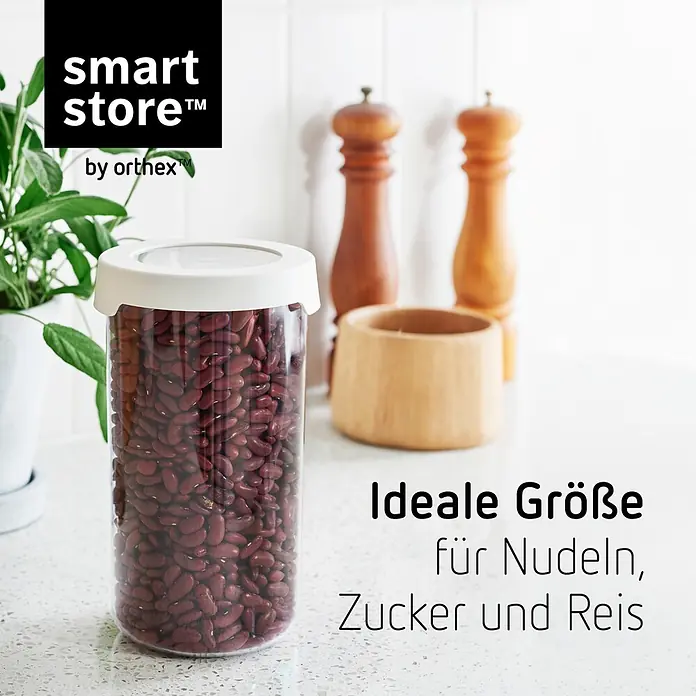 SmartStore Vorratsdose Vision - Ø x H: 11,5 x 20 cm, Kunststoff, Weiß - Transparente Vorratsdose mit hellem Deckel, gefüllt mit roten Bohnen, in einer Küche. Ideal für Nudeln, Zucker und Reis.