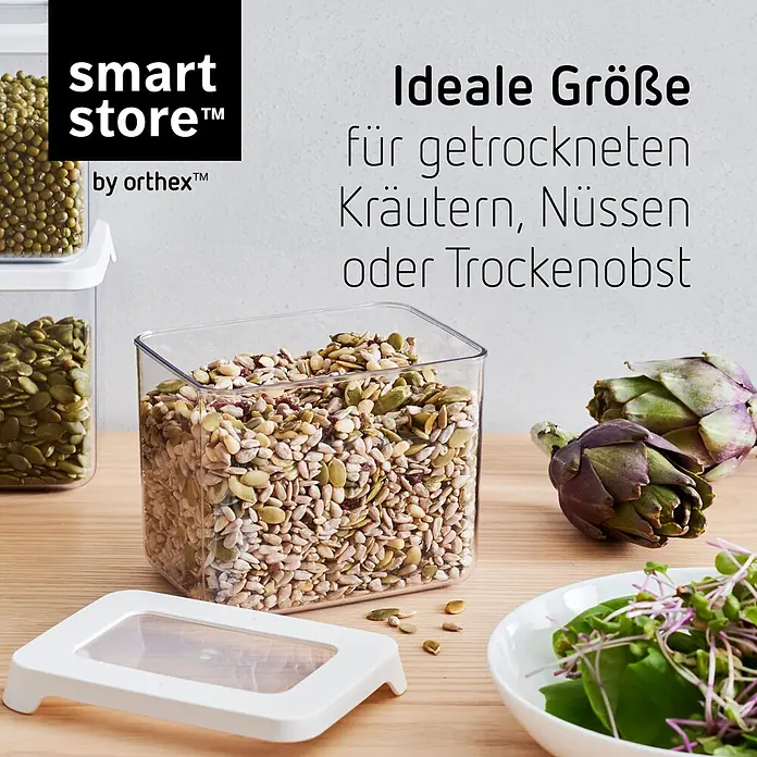 SmartStore Vorratsdose Vision - L x B x H: 12,5 x 9 x 10 cm, Kunststoff, Weiß - Transparenter Smartstore by Orthex Behälter mit weißem Deckel, gefüllt mit Samen. Ideal für getrocknete Kräuter, Nüsse oder Trockenobst.