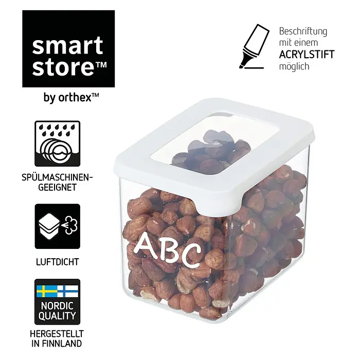 SmartStore Vorratsdose Vision - L x B x H: 12,5 x 9 x 10 cm, Kunststoff, Weiß - Transparenter Lebensmittelbehälter aus Kunststoff mit weißem Deckel, gefüllt mit Nüssen. Spülmaschinengeeignet, luftdicht, beschreibbar.
