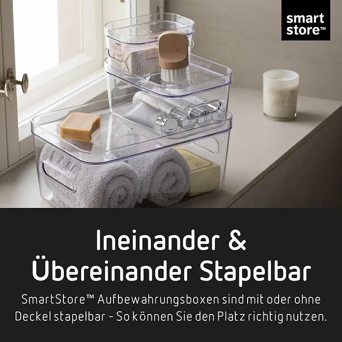 SmartStore Vorratsdose Compact Sort - L x B x H: 20 x 29,5 x 6 cm, Kunststoff, Transparent - Transparente SmartStore™ Aufbewahrungsboxen, ineinander & übereinander stapelbar, für Badutensilien.