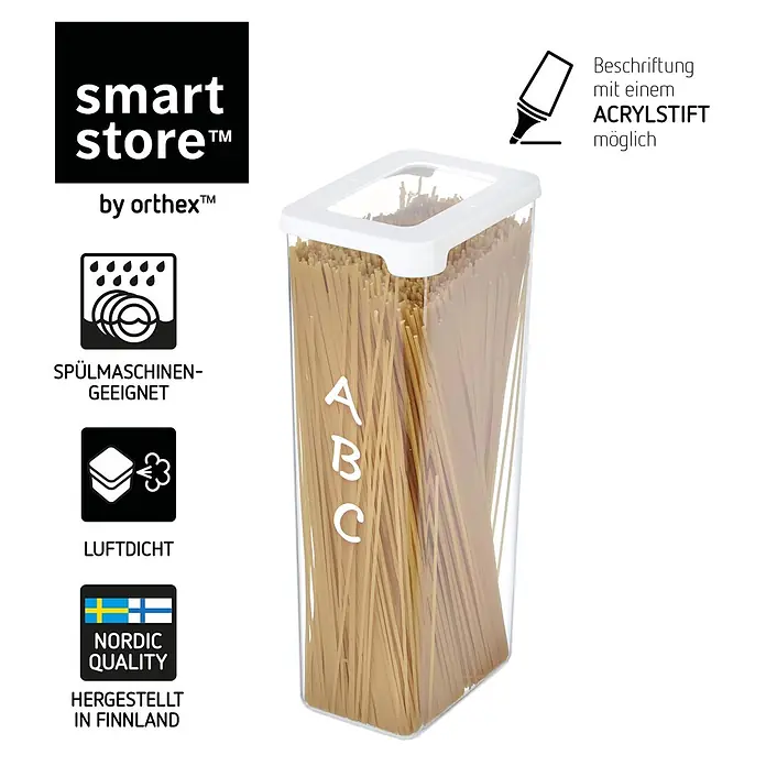 SmartStore Vorratsdose Vision - L x B x H: 12,5 x 9 x 28 cm, Kunststoff, Weiß - Transparenter Vorratsbehälter mit weißem Deckel, gefüllt mit Spaghetti. Beschreibbare Oberfläche mit 'ABC'.