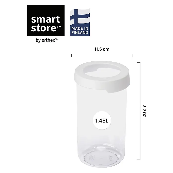 SmartStore Vorratsdose Vision - Ø x H: 11,5 x 20 cm, Kunststoff, Weiß - Transparenter zylindrischer Aufbewahrungsbehälter von Orthex Smart Store mit weißem Deckel, 1,45L Fassungsvermögen, 11,5 cm Durchmesser, 20 cm hoch.