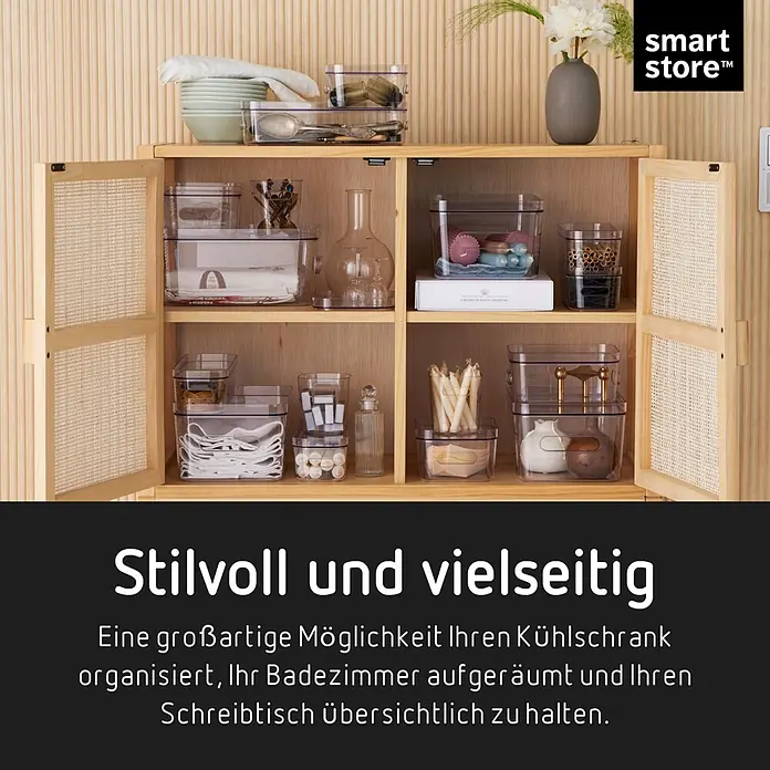 SmartStore Vorratsdose Compact Sort - L x B x H: 20 x 29,5 x 6 cm, Kunststoff, Transparent - Transparente Smart Store Organizer in einem Holzschrank, die verschiedene Haushalts- und Badartikel ordentlich aufbewahren.