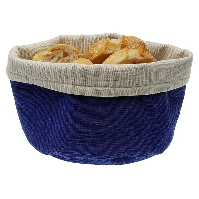 Versa Cesta de tela - L x An x Al: 17 x 14 x 10 cm, Azul marino - Cesta de pan de tela azul y natural con trozos de baguette.