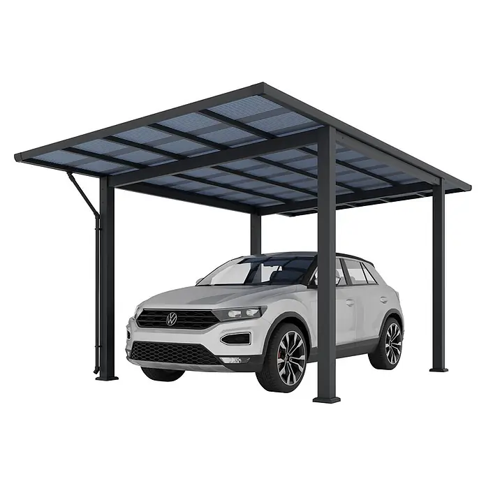 Ximax Carport Wing Plus - Außenmaß inkl. Dachüberstand (B x T): 293 x 530 cm, Einzelcarport, Anthrazit - Dunkelgraues Metall-Carport mit durchsichtigem Wellblechdach, das ein weißes Auto schützt.