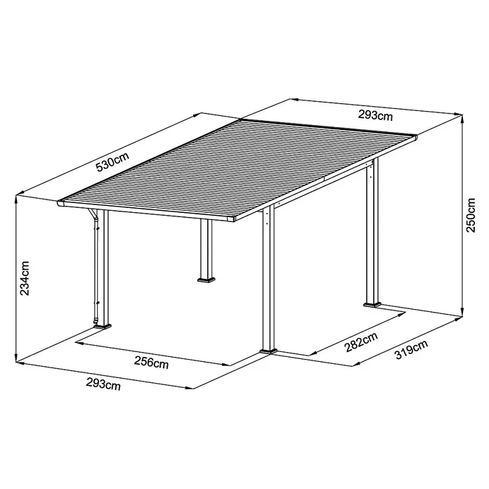 Ximax Carport Wing Plus - Außenmaß inkl. Dachüberstand (B x T): 293 x 530 cm, Einzelcarport, Anthrazit - Detaillierte Strichzeichnung eines Außen-Carports mit schrägem Rechteckdach und vier Stützpfosten, mit verschiedenen Abmessungen.
