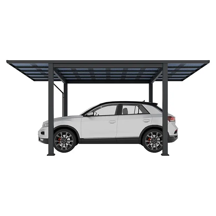 Ximax Carport Wing Plus - Außenmaß inkl. Dachüberstand (B x T): 293 x 530 cm, Einzelcarport, Anthrazit - Dunkelgraues Metall-Carport mit durchscheinendem Dach schützt ein weißes Auto.