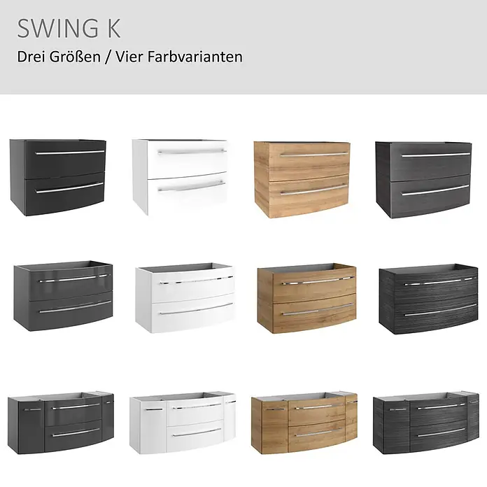 Camargue Swing K Waschtischunterschrank - B x T x H: 69,4 x 43,9 x 51,8 cm, Weiß, Farbe Griff: Chrom - SWING K Badmöbel in 3 Größen & 4 Farben: Weiß, Schwarz, helles Holz, dunkles Holz. Alle mit geschwungenen Fronten & silbernen Griffen.