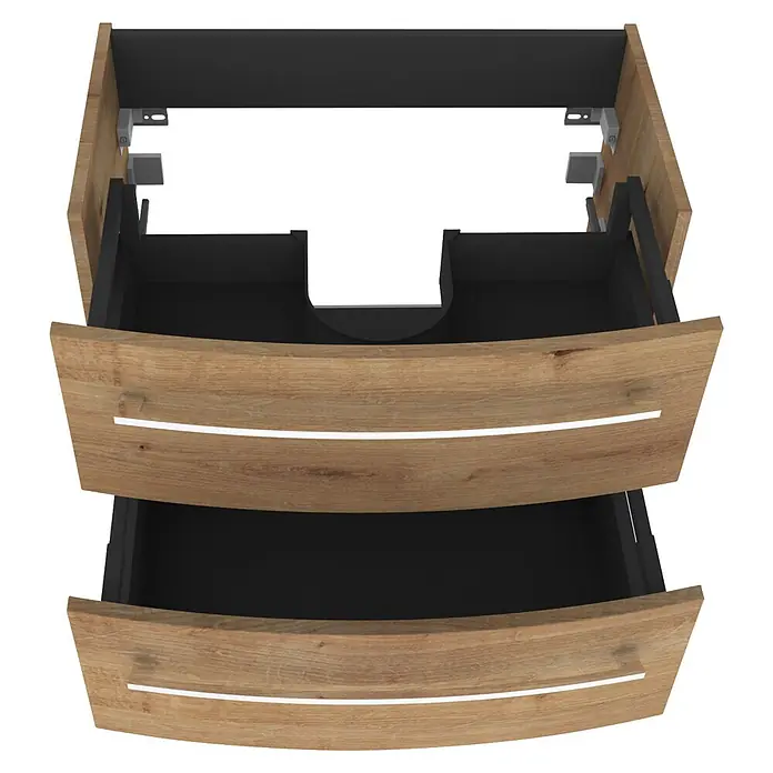Camargue Swing K Waschtischunterschrank - B x T x H: 69,4 x 43,9 x 51,8 cm, Berg Eiche, Farbe Griff: Chrom - Offener Waschtischunterschrank in Eichenoptik mit zwei schwarzen Schubladen und Siphonausschnitten.