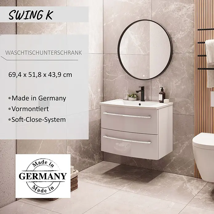 Camargue Swing K Waschtischunterschrank - B x T x H: 69,4 x 43,9 x 51,8 cm, Weiß, Farbe Griff: Chrom - Moderner SWING K Waschtischunterschrank, 69,4x51,8x43,9 cm, mit Soft-Close-System. In Deutschland hergestellt, vormontiert.