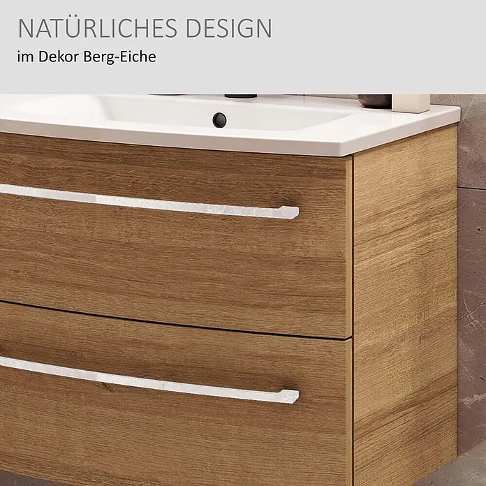 Camargue Swing K Waschtischunterschrank - B x T x H: 69,4 x 43,9 x 51,8 cm, Berg Eiche, Farbe Griff: Chrom - Waschtischunterschrank in Berg-Eiche Dekor mit zwei Schubladen, weißem Keramikwaschbecken und hellen Griffen.