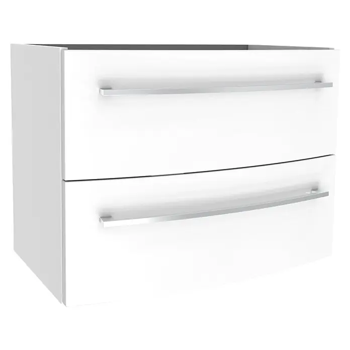Camargue Swing K Waschtischunterschrank - B x T x H: 69,4 x 43,9 x 51,8 cm, Weiß, Farbe Griff: Chrom - Weißer Unterschrank mit zwei Schubladen und silbernen Griffen.