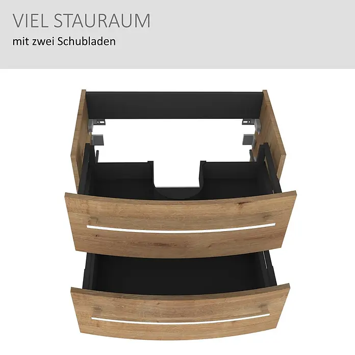 Camargue Swing K Waschtischunterschrank - B x T x H: 69,4 x 43,9 x 51,8 cm, Berg Eiche, Farbe Griff: Chrom - Holzwaschtischunterschrank mit zwei offenen Schubladen, schwarzem Interieur, obere Schublade mit Siphonausschnitt. Viel Stauraum.