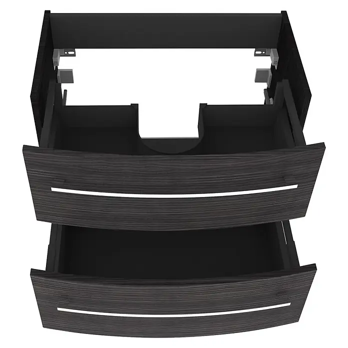 Camargue Swing K Waschtischunterschrank - B x T x H: 69,4 x 43,9 x 51,8 cm, Dark Oak, Farbe Griff: Chrom - Dunkelgrauer Waschtischunterschrank mit Holzmaserung, zwei offenen Schubladen, geschwungenen weißen Griffen und Rohrausschnitt.