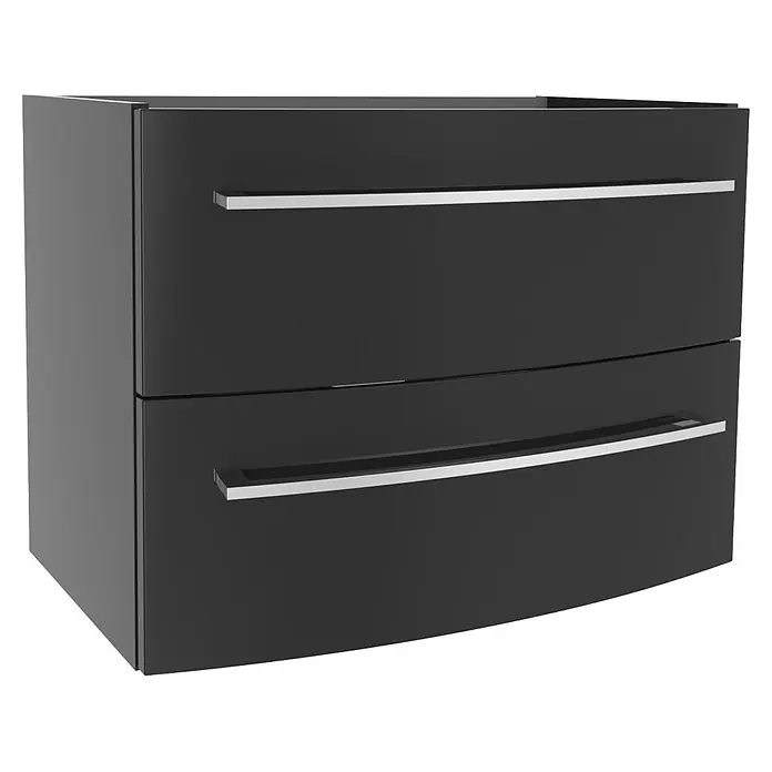 Camargue Swing K Waschtischunterschrank - B x T x H: 69,4 x 43,9 x 51,8 cm, Grafit, Farbe Griff: Chrom - Dunkelgrauer zweischübiger Schrank mit gewölbten Fronten und silbernen Stangengriffen.