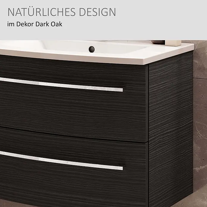 Camargue Swing K Waschtischunterschrank - B x T x H: 69,4 x 43,9 x 51,8 cm, Dark Oak, Farbe Griff: Chrom - Dunkler Eichenholz-Waschtischunterschrank mit weißem Waschbecken und zwei Schubladen.