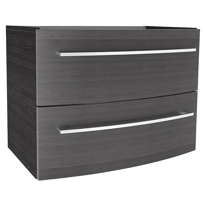 Camargue Swing K Waschtischunterschrank - B x T x H: 69,4 x 43,9 x 51,8 cm, Dark Oak, Farbe Griff: Chrom - Dunkelgrauer Schubladenschrank mit zwei geschwungenen Schubladen, Holzmaserung und silbernen Griffen.