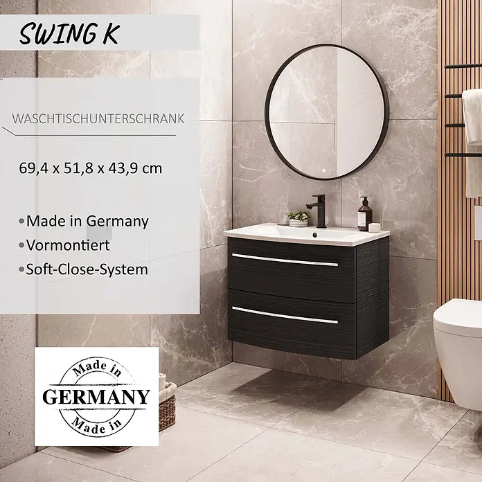 Camargue Swing K Waschtischunterschrank - B x T x H: 69,4 x 43,9 x 51,8 cm, Dark Oak, Farbe Griff: Chrom - SWING K Waschtischunterschrank, dunkles Holzdekor, weißes Waschbecken, runder LED-Spiegel. 69,4x51,8x43,9 cm, vormontiert, Soft-Close, Made in Germany.