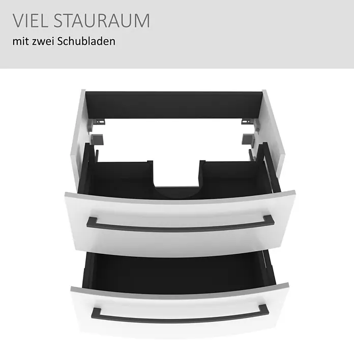 Camargue Swing K Waschtischunterschrank - 69,4 x 43,9 x 51,8 cm, Weiß, Farbe Griff: Schwarz - Weißer Badezimmer-Waschtischunterschrank mit zwei geöffneten Schubladen, schwarzen Innenseiten und schwarzen Griffen für viel Stauraum.