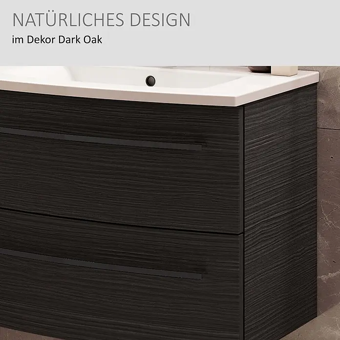 Camargue Swing K Waschtischunterschrank - 69,4 x 43,9 x 51,8 cm, Dark Oak, Farbe Griff: Schwarz - Moderner Waschtischunterschrank in Dark Oak Dekor mit zwei Schubladen und weißem Waschbecken.