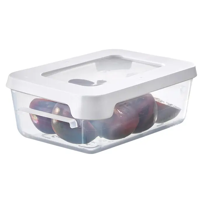 SmartStore Vorratsdose Snack - L x B x H: 12,5 x 9,5 x 4,5 cm, Kunststoff, Weiß - Durchsichtige, rechteckige Frischhaltedose mit weißem Deckel, gefüllt mit dunklen Früchten.