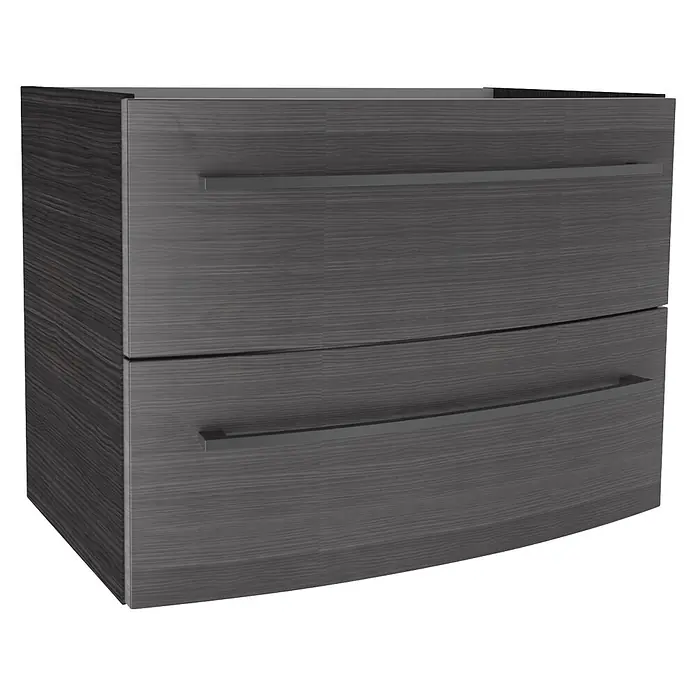 Camargue Swing K Waschtischunterschrank - 69,4 x 43,9 x 51,8 cm, Dark Oak, Farbe Griff: Schwarz - Dunkelgrauer Holzmaserung-Zweischubladenschrank mit gewölbten Fronten und Metallgriffen.
