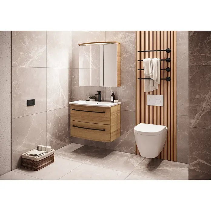 Camargue Swing K Waschtischunterschrank - 694 x 439 x 518 mm, Berg Eiche, Farbe Griff: Schwarz - Moderner Waschtischunterschrank aus Holz mit weißem Waschbecken und passendem Spiegelschrank im Bad.