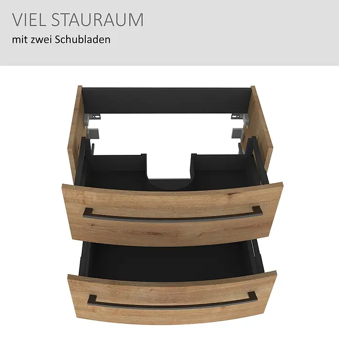 Camargue Swing K Waschtischunterschrank - 694 x 439 x 518 mm, Berg Eiche, Farbe Griff: Schwarz - Waschtischunterschrank aus Holz mit zwei geöffneten Schubladen und schwarzem Innenraum. Die obere Schublade zeigt einen Siphonausschnitt für viel Stauraum.