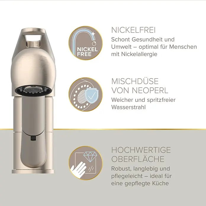 Lenz Spültischarmatur Kela - Hochdruck, Nickel, Matt, Mit Handbrause - Robuste Küchenarmatur aus gebürstetem Metall mit hochwertiger Oberfläche und Luftsprudler.