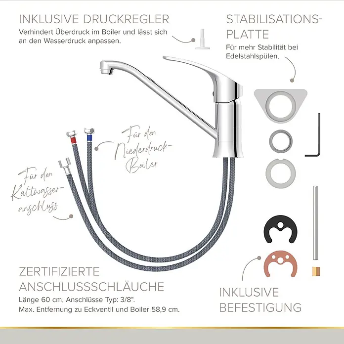 Lenz Spültischarmatur Kela - Niederdruck, Chrom, Glänzend - Ein verchromter Küchenarmatur mit geflochtenen Anschlussschläuchen für Warm- und Kaltwasser. Inklusive Druckregler, Stabilisationsplatte und Befestigungsmaterial.