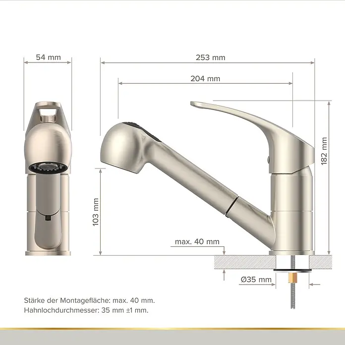 Lenz Spültischarmatur Kela - Hochdruck, Nickel, Matt, Mit Handbrause - Küchenarmatur aus gebürstetem Metall mit ausziehbarer Brause. Höhe 182mm, Länge 253mm, Montagebohrung Ø35mm.