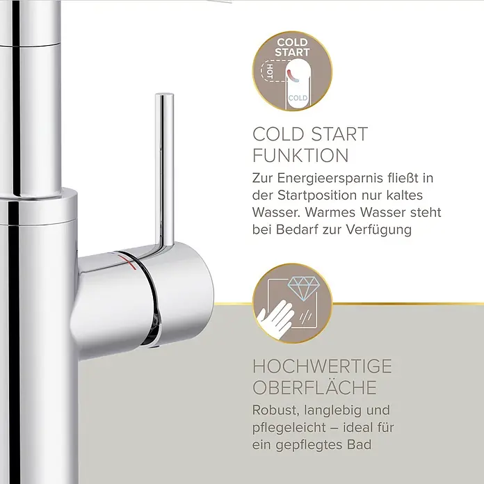 Lenz Spültischarmatur Nalu - Chrom/Schwarz, Glänzend - Chromarmatur mit Kaltstartfunktion zur Energieersparnis und robuster, pflegeleichter Oberfläche.
