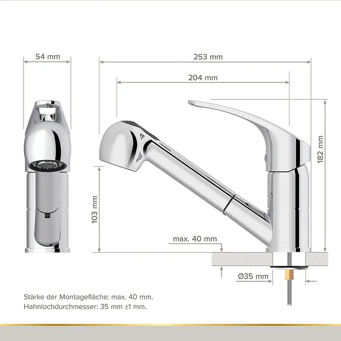 Lenz Spültischarmatur Kela - Hochdruck, Chrom, Glänzend, Mit Handbrause - Verchromte Küchenarmatur mit Ausziehbrause, detaillierte Abmessungen für die Installation.