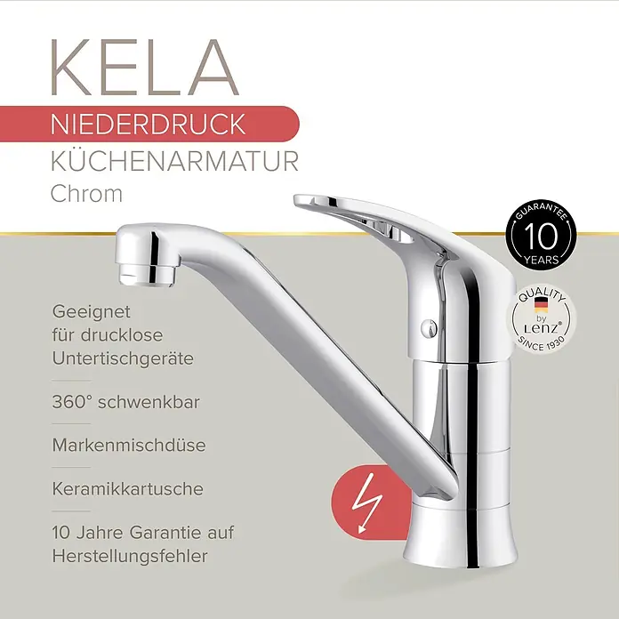 Lenz Spültischarmatur Kela - Niederdruck, Chrom, Glänzend - Verchromte Niederdruck-Küchenarmatur mit schwenkbarem Auslauf, Keramikkartusche und Markenmischdüse.