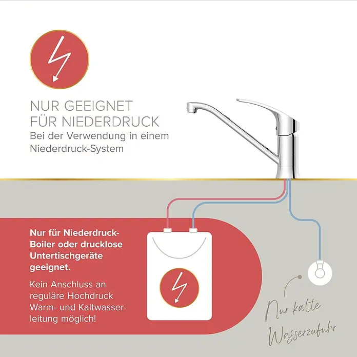 Lenz Spültischarmatur Kela - Niederdruck, Chrom, Glänzend - Verchromte Küchenarmatur mit Erklärdiagramm. Ausschließlich für Niederdrucksysteme, Anschluss an Niederdruckboiler und Kaltwasserzuleitung.