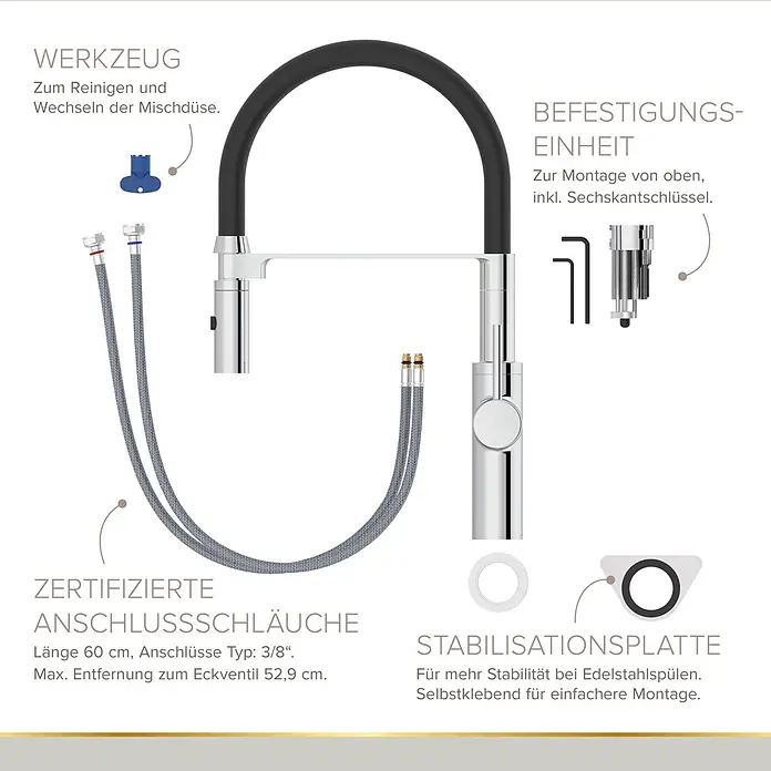 Lenz Spültischarmatur Nalu - Chrom/Schwarz, Glänzend - Chrom-Küchenarmatur mit schwarzem Schlauch, Anschlussschläuchen, Befestigungskit, Düsenwerkzeug und Stabilisierungsplatte.
