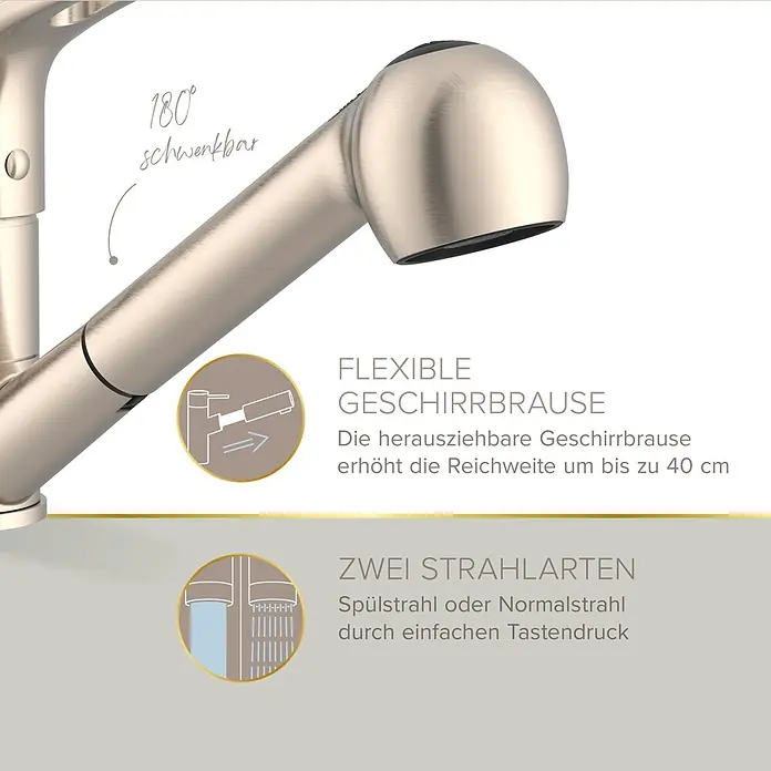 Lenz Spültischarmatur Kela - Hochdruck, Nickel, Matt, Mit Handbrause - Gebürstete Küchenarmatur mit ausziehbarer Geschirrbrause, 180° schwenkbar und zwei Strahlarten.