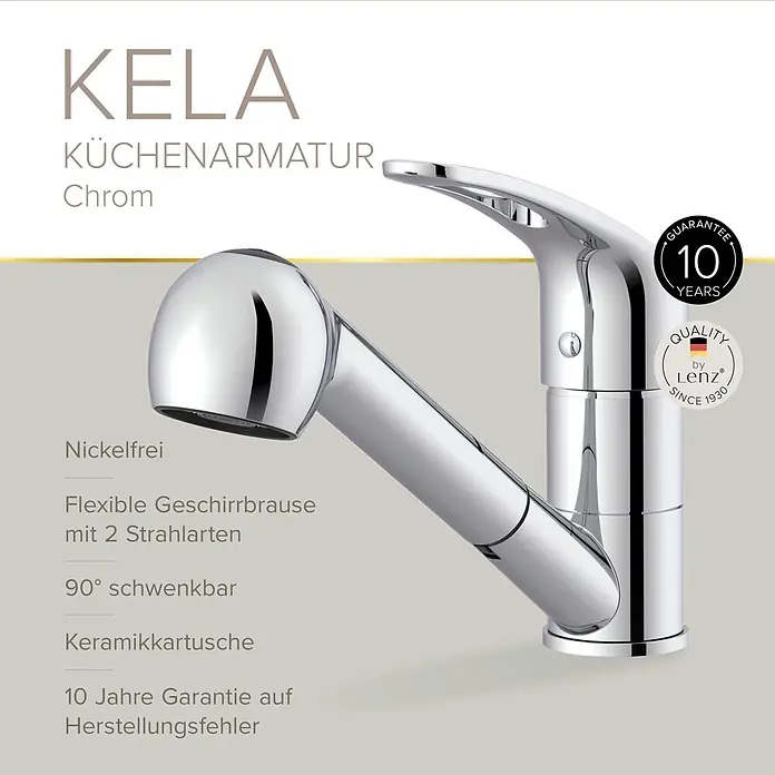 Lenz Spültischarmatur Kela - Hochdruck, Chrom, Glänzend, Mit Handbrause - Eine glänzende Küchenarmatur aus Chrom mit ausziehbarer Geschirrbrause.