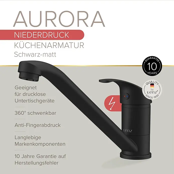 Lenz Spültischarmatur Aurora - Schwarz, Matt, Niederdruck - Schwarze matte Niederdruck-Küchenarmatur mit 360° Schwenkfunktion.