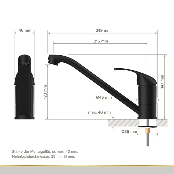 Lenz Spültischarmatur Aurora - Schwarz, Matt, Niederdruck - Schwarze Küchenarmatur mit Einbaumaßen: max. 40mm Montagefläche, 35mm ±1mm Hahnlochdurchmesser.