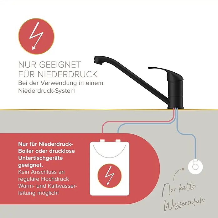 Lenz Spültischarmatur Aurora - Schwarz, Matt, Niederdruck - Schwarze Küchenarmatur für Niederdrucksysteme, mit Installationsschema für Niederdruckboiler/Untertischgerät.
