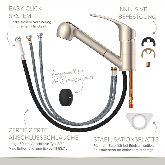 Lenz Spültischarmatur Kela - Hochdruck, Nickel, Matt, Mit Handbrause - Gebürstete Nickel-Küchenarmatur mit Ausziehbrause, Anschlussschläuchen, Schlauchgewicht und Befestigungsteilen zur Installation.