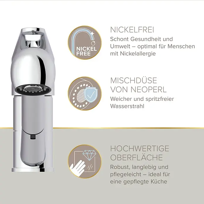 Lenz Spültischarmatur Kela - Hochdruck, Chrom, Glänzend, Mit Handbrause - Moderner verchromter Küchenarmatur mit Neoperl Mischdüse, nickelfrei und robuster, pflegeleichter Oberfläche.