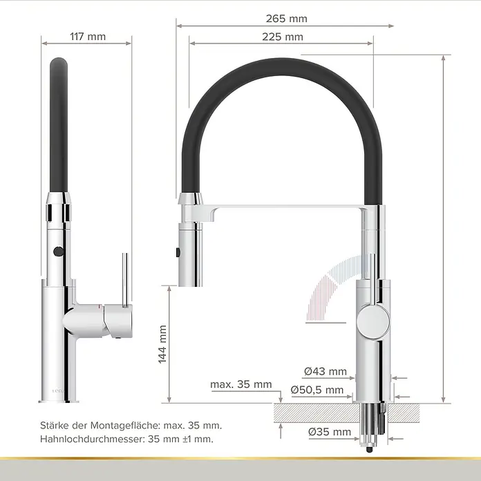 Lenz Spültischarmatur Nalu - Chrom/Schwarz, Glänzend - Chrom-Küchenarmatur mit schwarzem flexiblen Auslauf, detailliert bemaßt und mit Montageangaben.