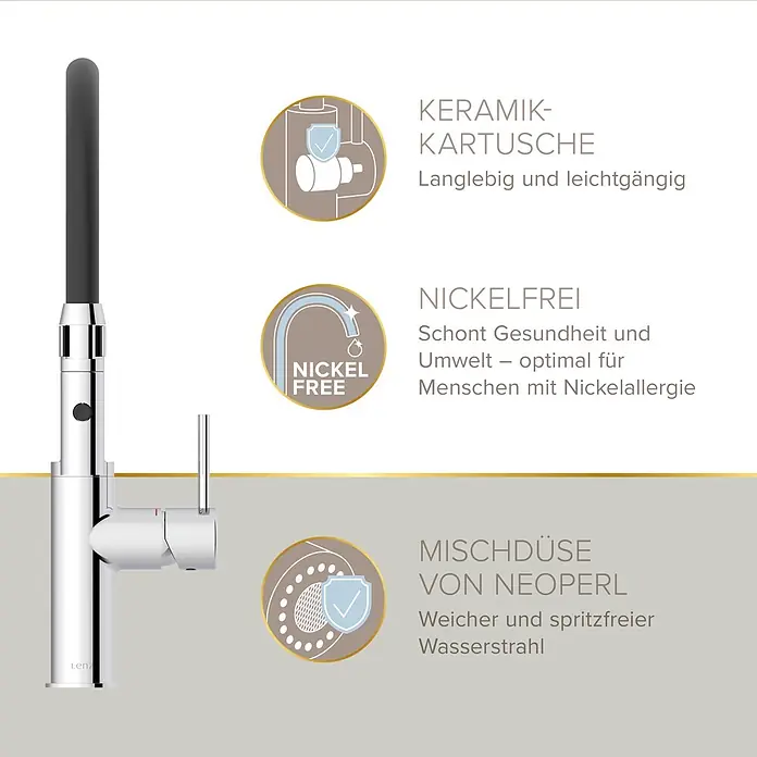 Lenz Spültischarmatur Nalu - Chrom/Schwarz, Glänzend - Chromfarbene Küchenarmatur mit schwarzem Auszugsschlauch, Keramikkartusche, Nickelfreiheit und Neoperl Mischdüse für einen spritzfreien Wasserstrahl.