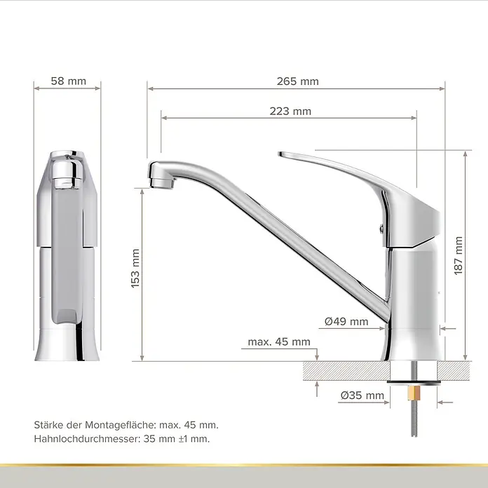 Lenz Spültischarmatur Kela - Niederdruck, Chrom, Glänzend - Verchromte Einhebel-Küchenarmatur mit detaillierten technischen Installationsmaßen.