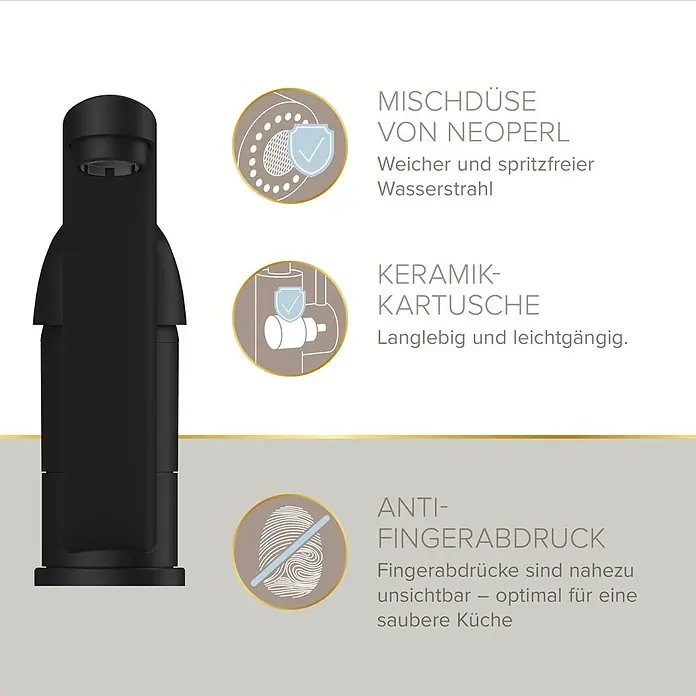 Lenz Spültischarmatur Aurora - Schwarz, Matt, Niederdruck - Schwarzer Wasserhahn mit Neoperl Mischdüse für sanften Strahl, langlebiger Keramikkartusche und Anti-Fingerprint-Oberfläche.