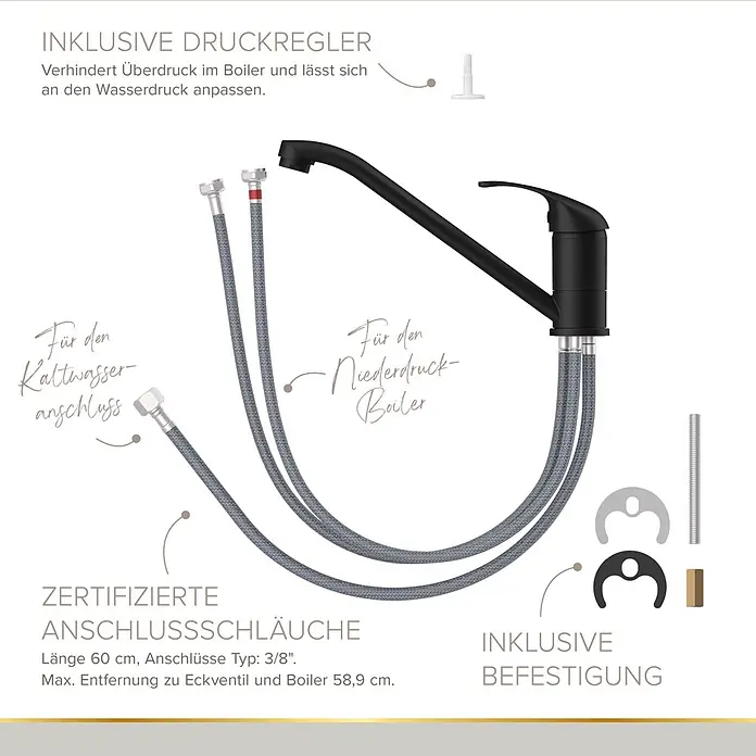 Lenz Spültischarmatur Aurora - Schwarz, Matt, Niederdruck - Schwarze Küchenarmatur mit zwei geflochtenen Anschlussschläuchen, Druckregler und Befestigungsmaterial.